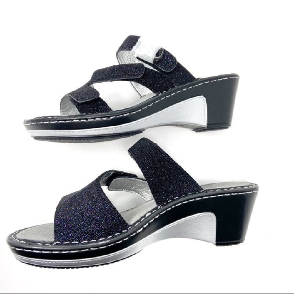 ALEGRIA Glitteroti Nlack / Silver Leather Wedge Sandals 37 — SUPER COMFY!!! - Picture 5 of 10